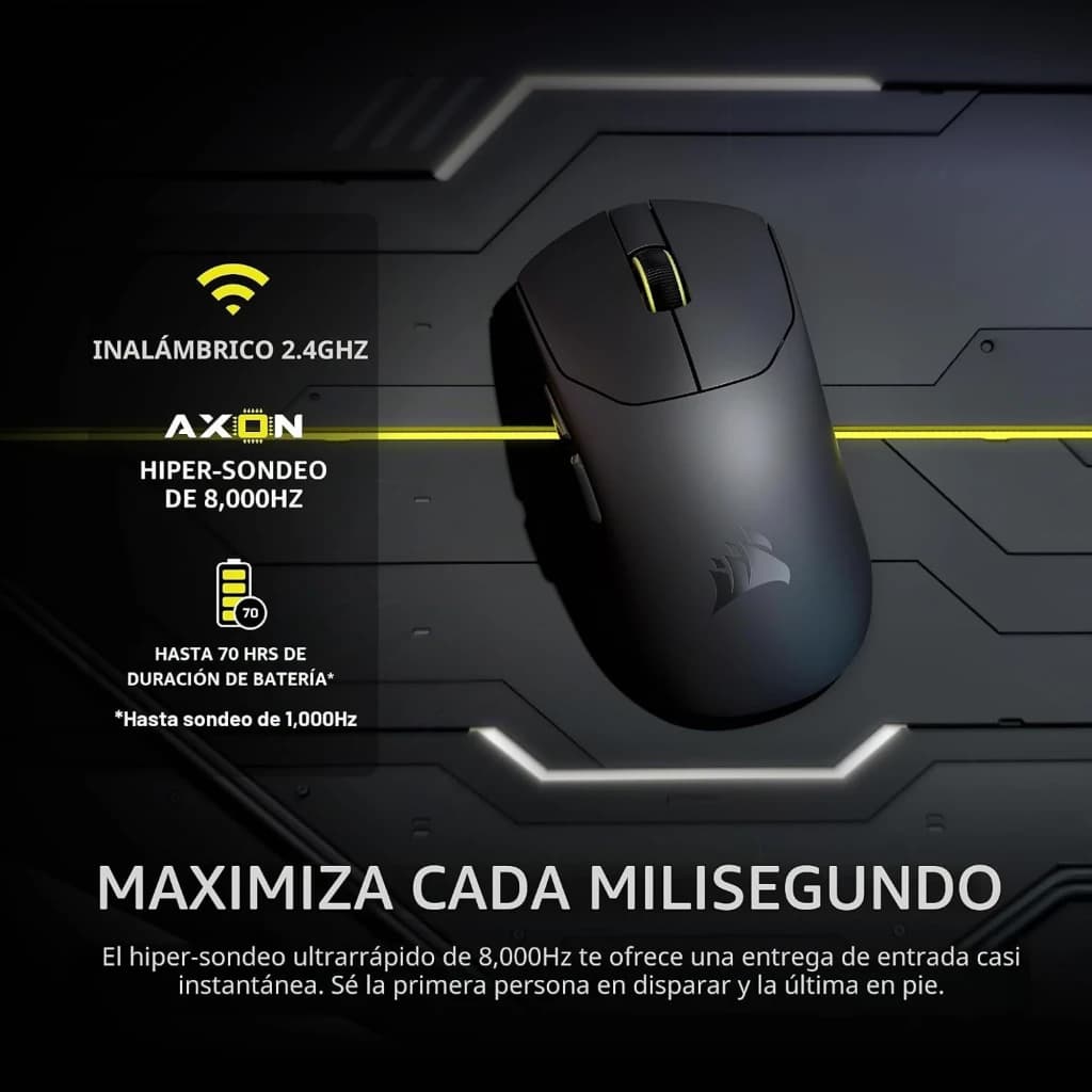 Corsair Sabre Pro V2 Ultralight Wireless negro, infografía: ratón negro sobre alfombrilla oscura con specs inalámbrico