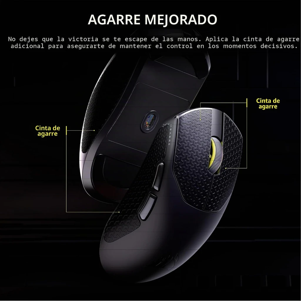 Corsair Sabre Pro V2 Ultralight Wireless preto, vista superior: roda com iluminação amarela e logótipo Corsair na base - Item7