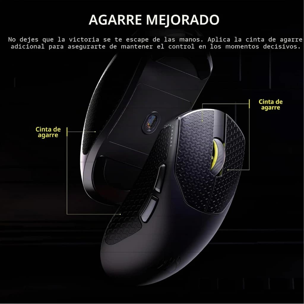 Corsair Sabre Pro V2 Ultralight Wireless negro, detalle lateral: cintas de agarre texturizadas y rueda amarilla señaladas
