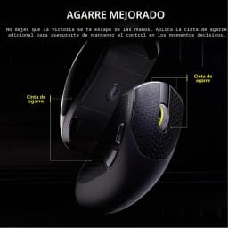 Corsair Sabre Pro V2 Ultralight Wireless negro, detalle lateral: cintas de agarre texturizadas y rueda amarilla señaladas