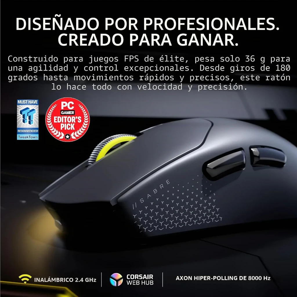 Corsair Sabre Pro V2 Ultralight Wireless preto, vista superior: roda com iluminação amarela e logótipo Corsair na base - Item3