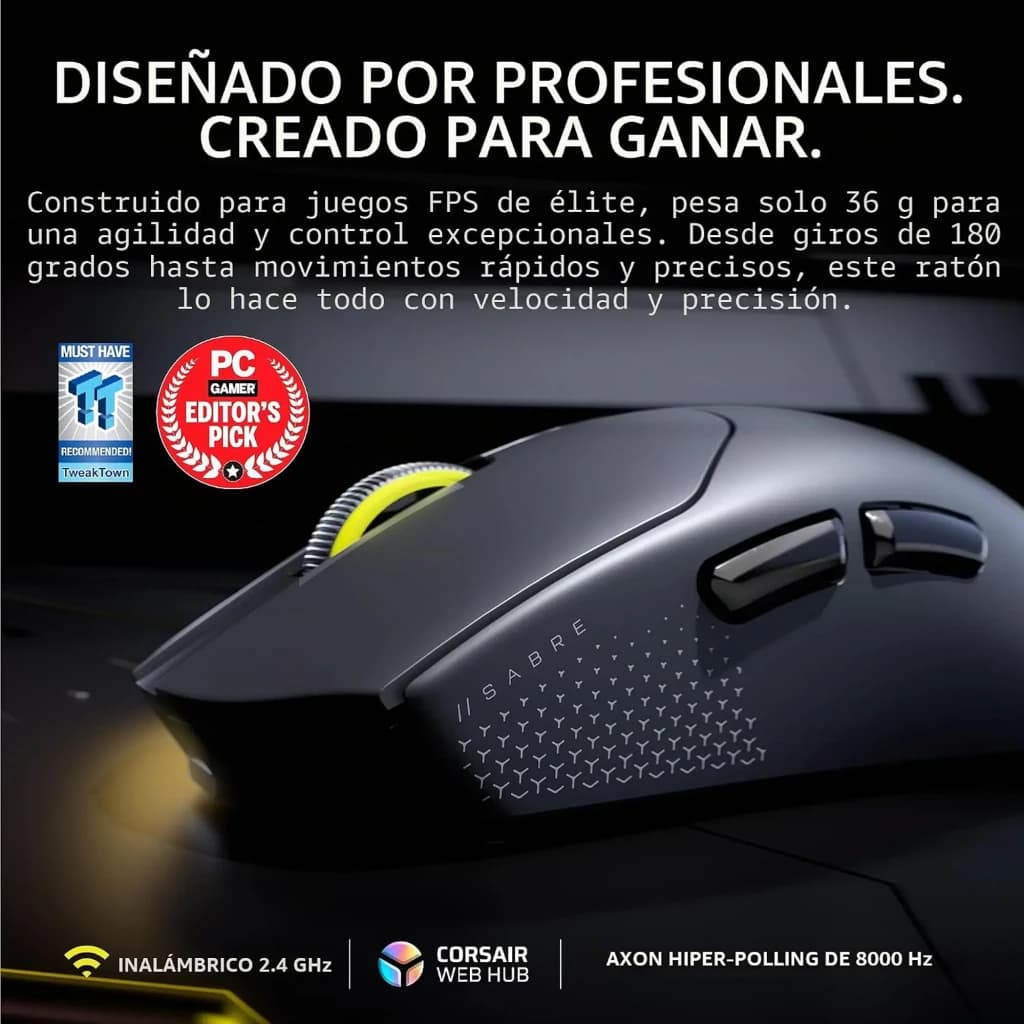 Corsair Sabre Pro V2 Ultralight Wireless negro, vista lateral: perfil derecho con rueda amarilla, textura lateral y logos de