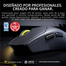 Corsair Sabre Pro V2 Ultralight Wireless negro, vista lateral: perfil derecho con rueda amarilla, textura lateral y logos de