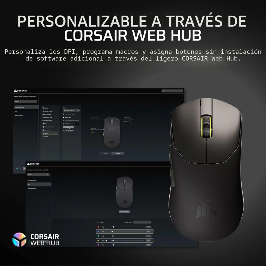Corsair Sabre Pro V2 Ultralight Wireless preto, vista superior: roda com iluminação amarela e logótipo Corsair na base - Item8