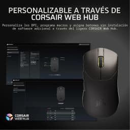 Corsair Sabre Pro V2 Ultralight Wireless negro, lateral derecho: ratón junto a interfaz Corsair Web Hub para configurar DPI