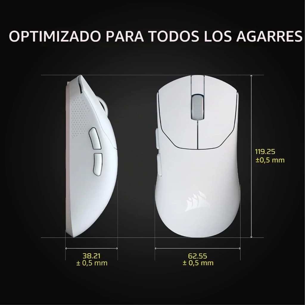 Corsair Sabre Pro V2 Ultralight Wireless negro, diagrama técnico: vistas lateral y superior con dimensiones