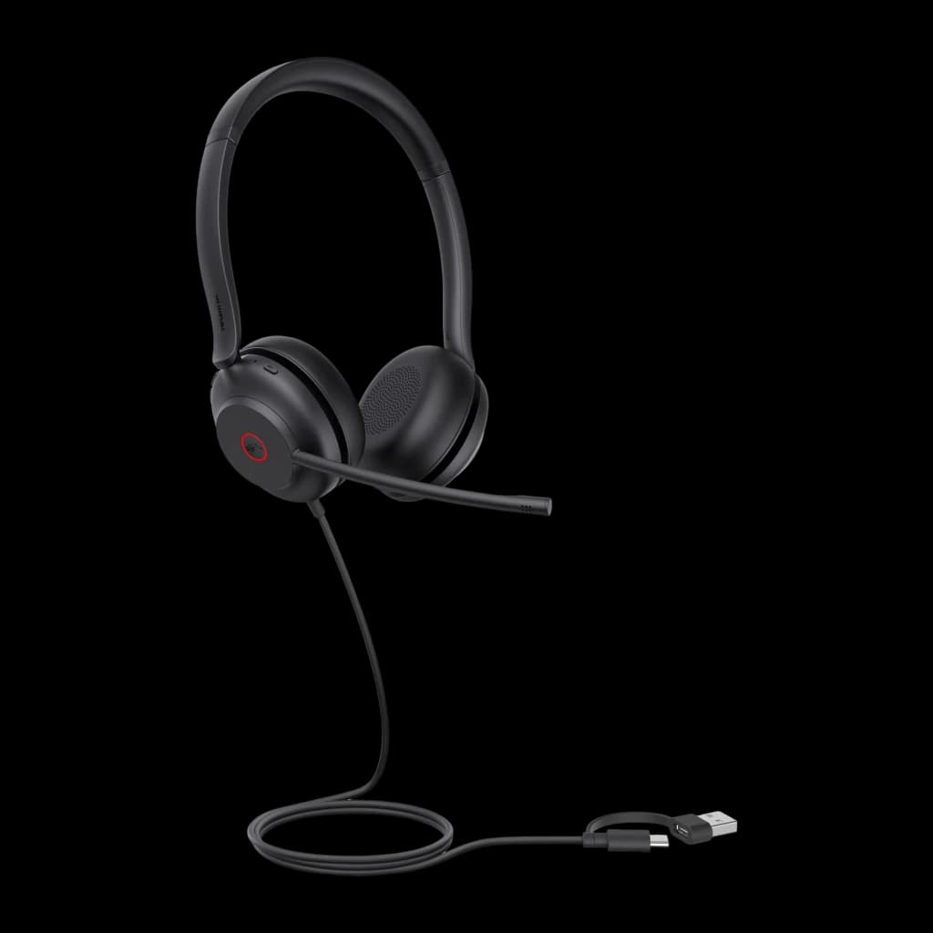Yealink Auriculares UH35 Mono Teams USB-C/A negro, vista lateral: auricular con micrófono boom, aro rojo en cápsula y cable