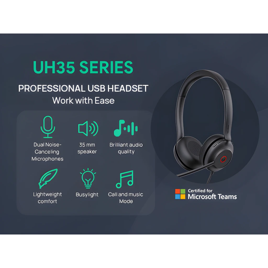 Yealink Auriculares UH35 Mono Teams USB-C/A negro, vista lateral: auricular con micrófono boom, aro rojo en cápsula y cable - Ítem3