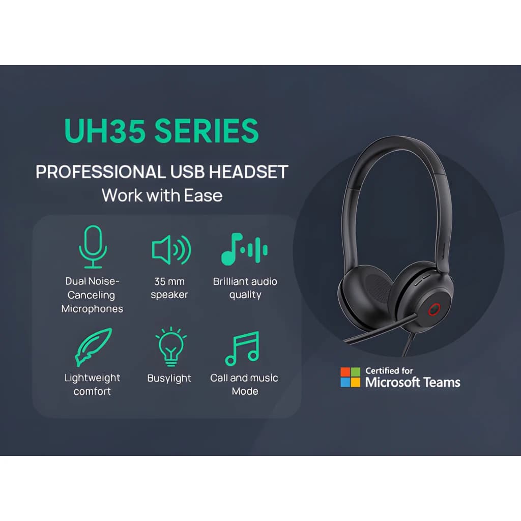 Yealink Auriculares UH35 Mono Teams USB-C/A negro, infografía: características clave, micrófono doble, altavoz 35mm y