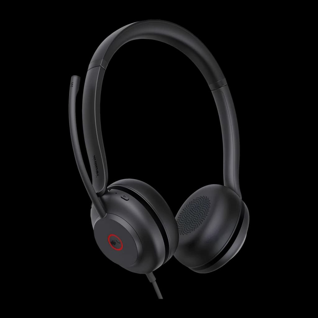 Yealink UH35 Mono Teams USB-C/A negro, vista lateral: auricular con micrófono extensible, almohadillas y detalle rojo en