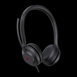 Yealink UH35 Mono Teams USB-C/A negro, vista lateral: auricular con micrófono extensible, almohadillas y detalle rojo en