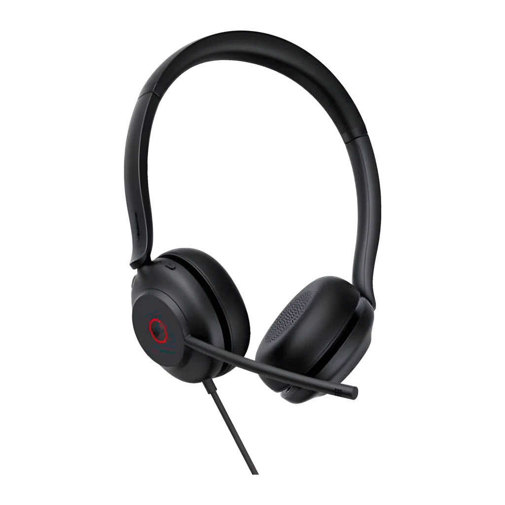 Yealink Auriculares UH35 Mono Teams USB-C/A negro, vista lateral: auricular con micrófono boom, aro rojo en cápsula y cable - Ítem1