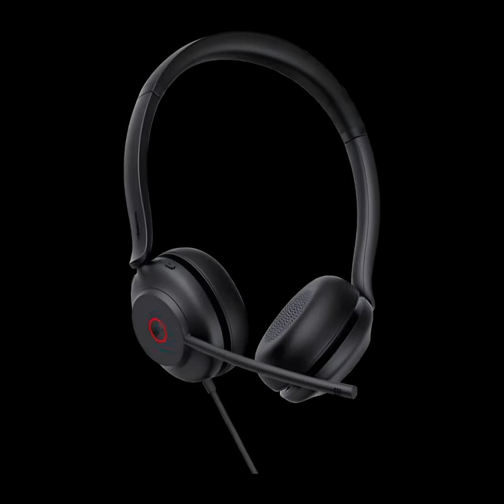 Yealink UH35 Mono Teams USB-C/A negro, vista lateral: auricular con aro rojo en altavoz izquierdo y micrófono flexible
