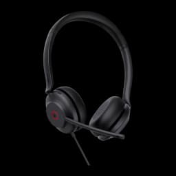 Yealink UH35 Mono Teams USB-C/A negro, vista lateral: auricular con aro rojo en altavoz izquierdo y micrófono flexible