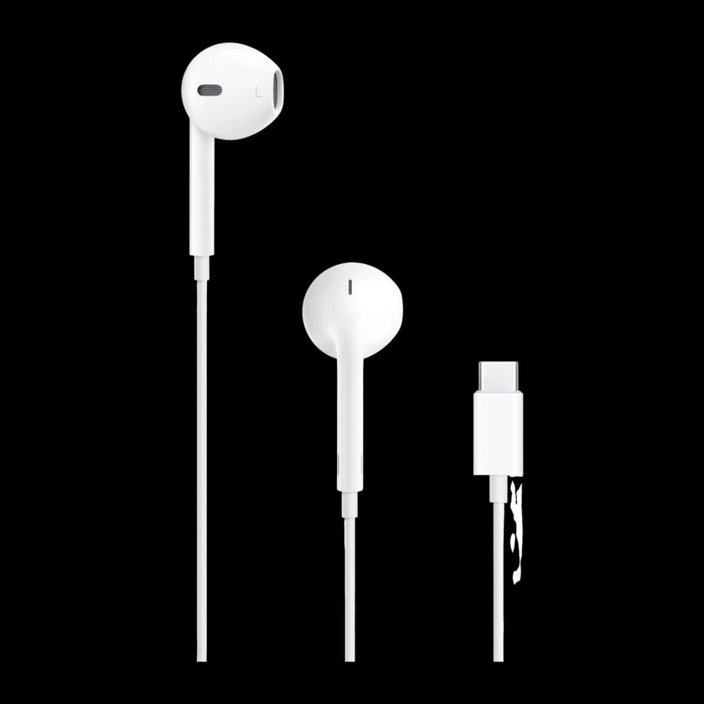 Apple EarPods USB-C Blanco, vista frontal: ambos auriculares y conector USB-C visibles sobre fondo negro