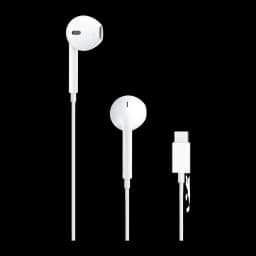 Apple EarPods USB-C Blanco, vista frontal: ambos auriculares y conector USB-C visibles sobre fondo negro
