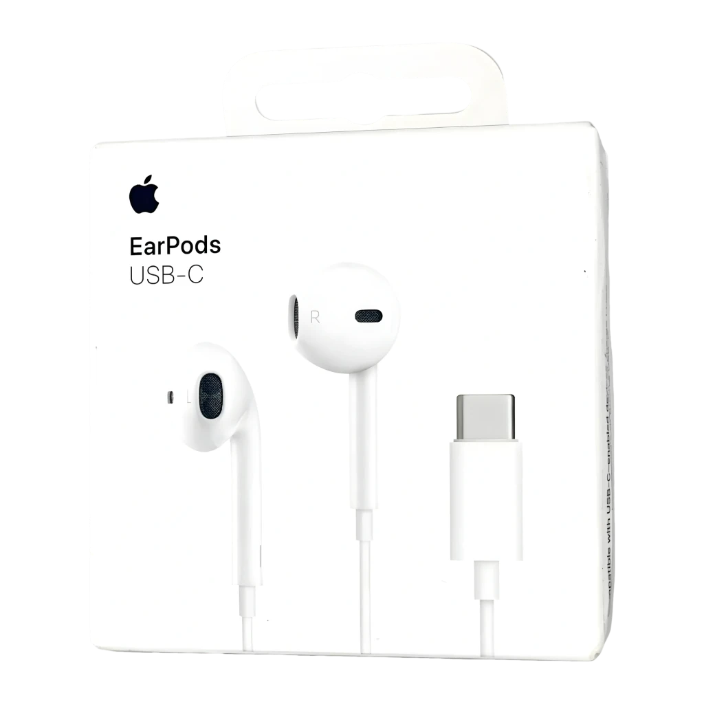 Apple EarPods USB-C Blanc, vue de face: les deux écouteurs et connecteur USB-C visibles sur fond noir - Ítem1