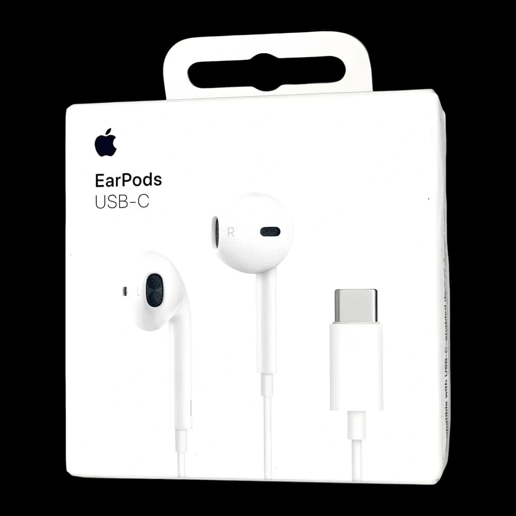 Apple EarPods USB-C Blanco, caja frontal: packaging blanco con auriculares y conector USB-C visibles