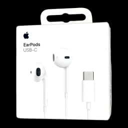 Apple EarPods USB-C Blanco, caja frontal: packaging blanco con auriculares y conector USB-C visibles