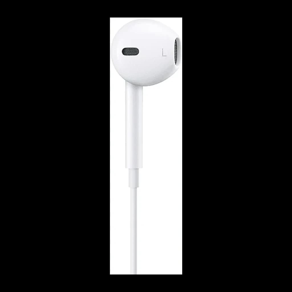 Apple EarPods USB-C Blanco, detalle auricular izquierdo: cápsula blanca con rejilla, micrófono y cable