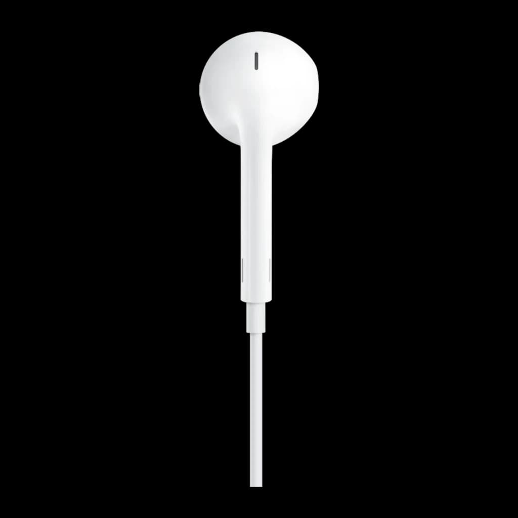 Apple EarPods USB-C Blanco, vista frontal: auricular individual blanco con botón de control en cable sobre fondo negro