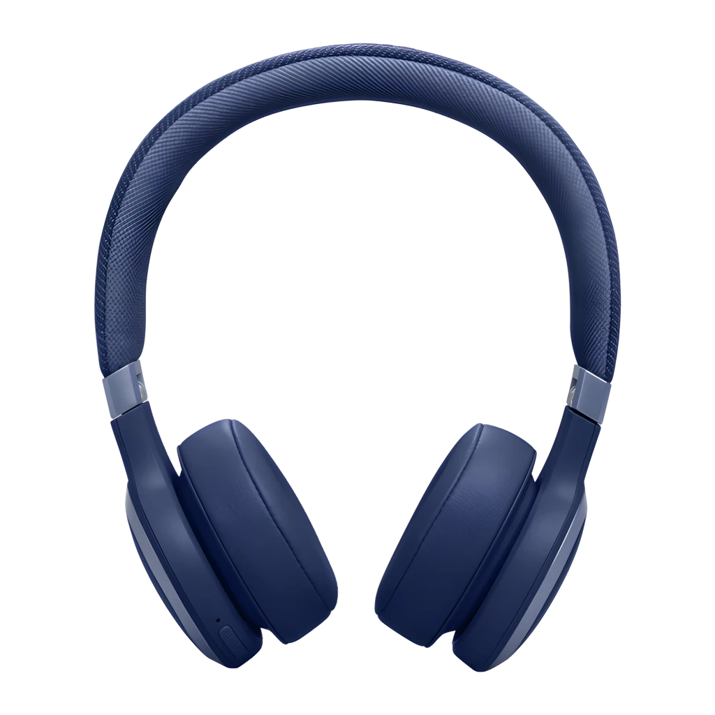 JBL Live 670NC Bluetooth Azul, vista en ángulo: auricular derecho con logo JBL y etiqueta LIVE en diadema texturizada - Ítem3