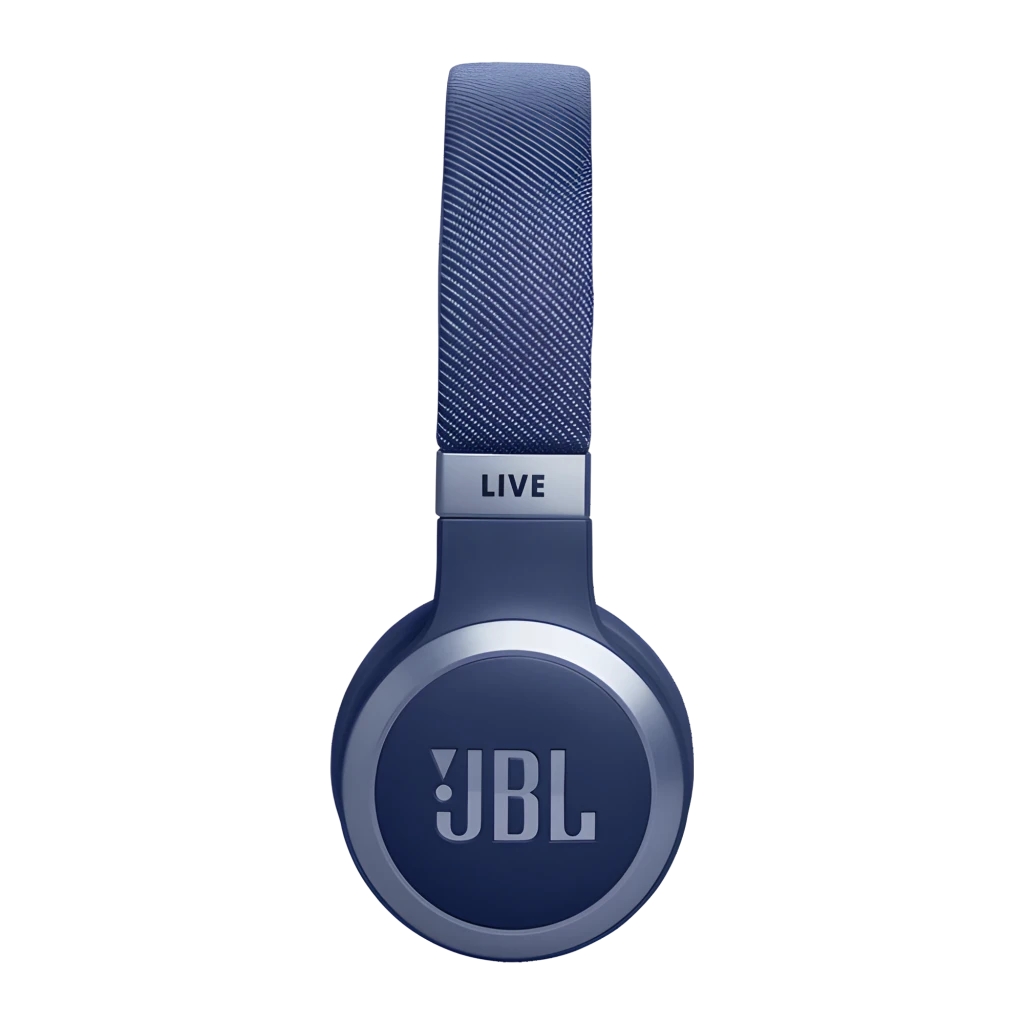 JBL Live 670NC Bluetooth Azul, vista en ángulo: auricular derecho con logo JBL y etiqueta LIVE en diadema texturizada - Ítem4