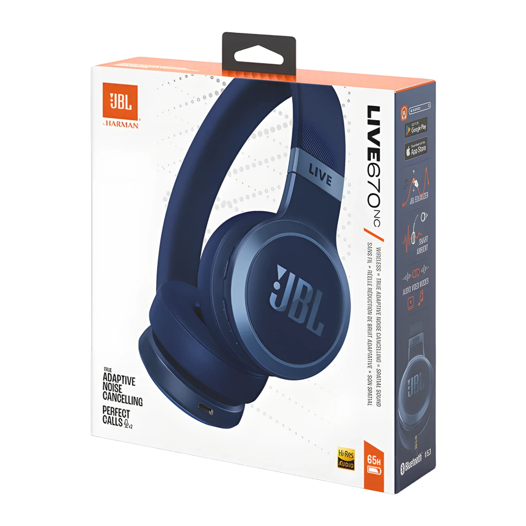 JBL Live 670NC Bluetooth Azul, vista en ángulo: auricular derecho con logo JBL y etiqueta LIVE en diadema texturizada - Ítem6