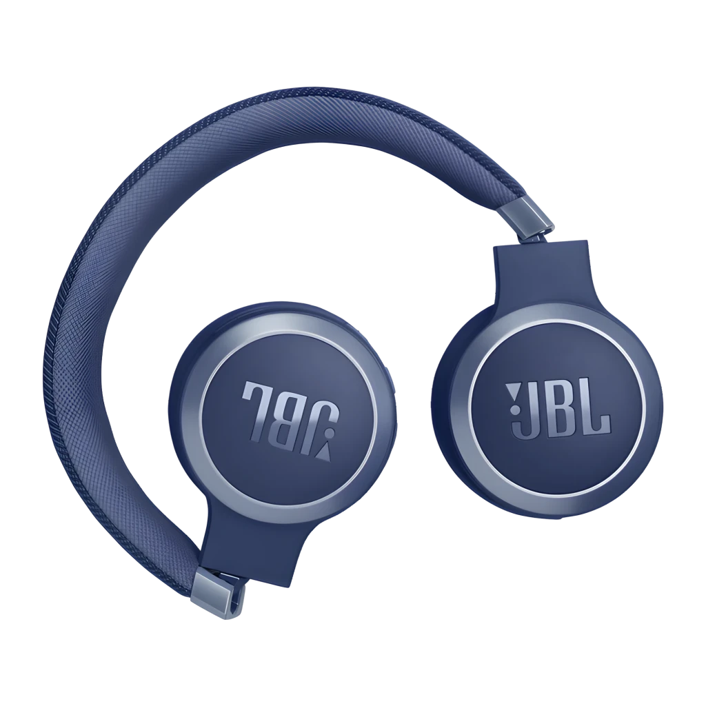 JBL Live 670NC Bluetooth Azul, vista en ángulo: auricular derecho con logo JBL y etiqueta LIVE en diadema texturizada - Ítem7
