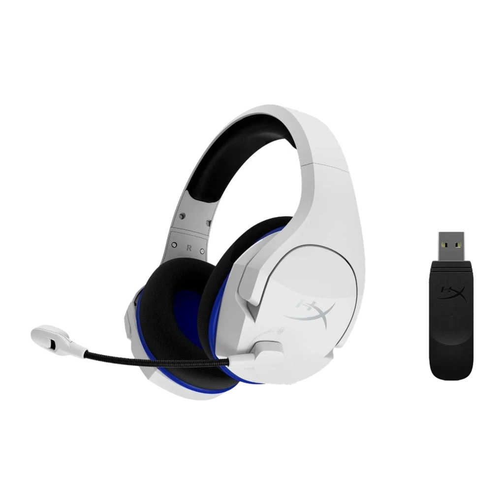 HyperX Cloud Stinger Core Wireless blanc-bleu, vue latérale droite: casque avec micro flexible, coussinets noirs et anneau - Ítem3