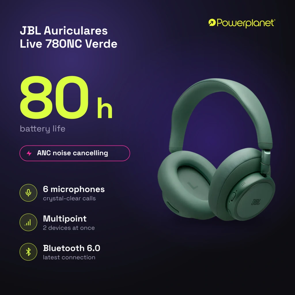 JBL Auriculares Live 780NC Verde, vista en ángulo: almohadillas over-ear, diadema acolchada y logo JBL en copa derecha - Ítem9