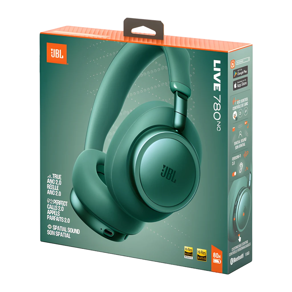 JBL Auriculares Live 780NC Verde, vista en ángulo: almohadillas over-ear, diadema acolchada y logo JBL en copa derecha - Ítem4