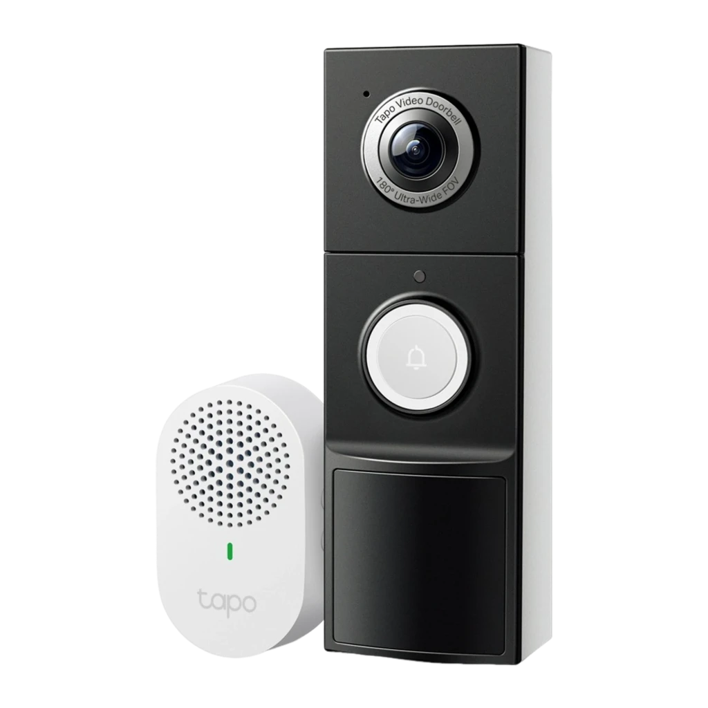 TP-Link Tapo D235 512GB com focos, vista frontal: videoporteiro cinza com câmara grande angular e receptor branco incluído - Item1