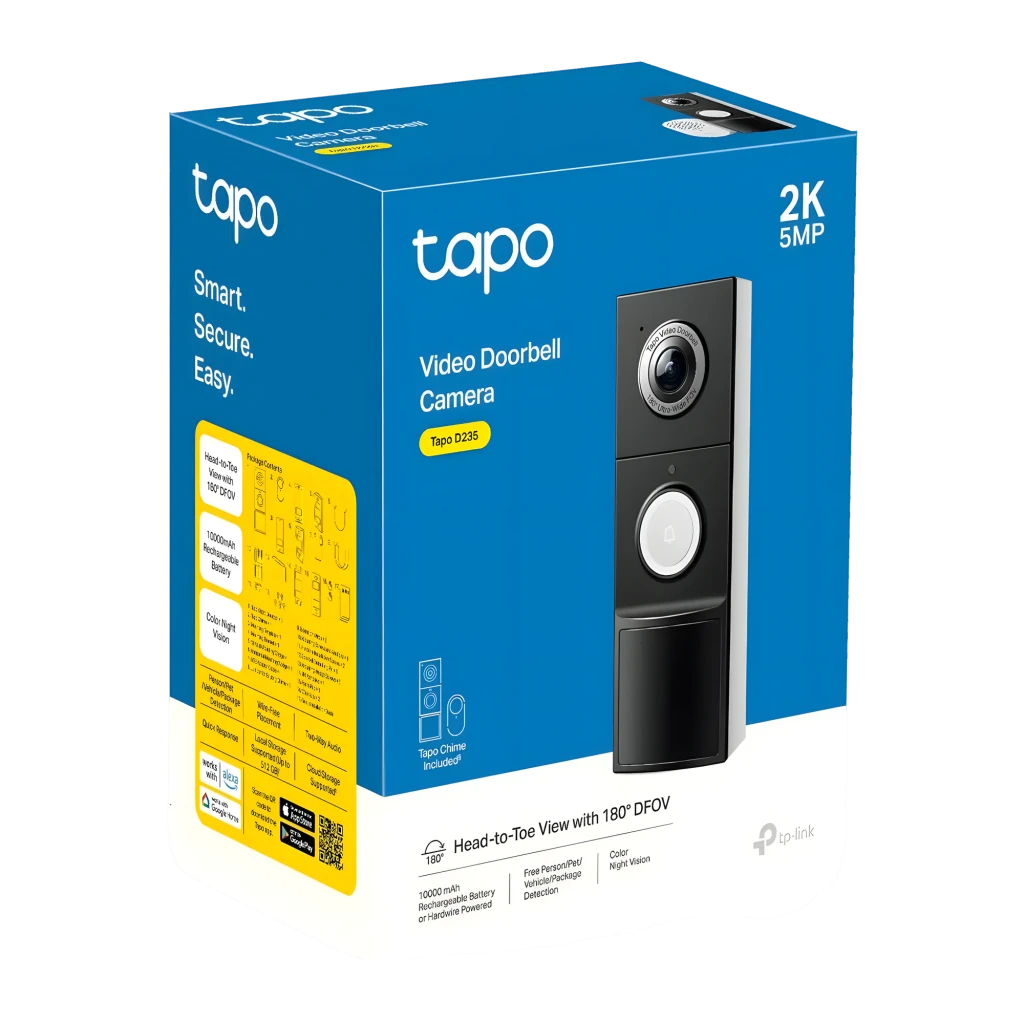 TP-Link Tapo D235 512GB com focos, vista frontal: videoporteiro cinza com câmara grande angular e receptor branco incluído - Item6