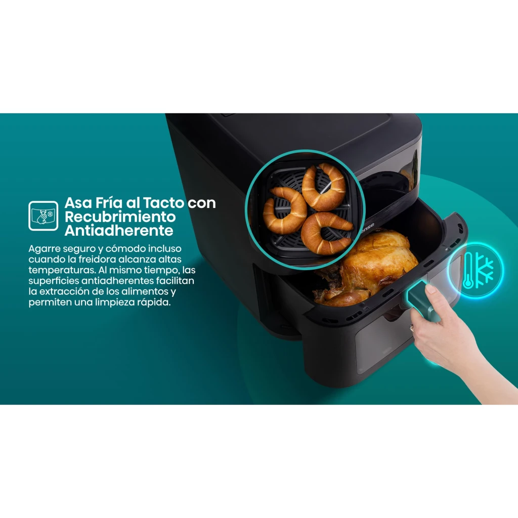 Hisense HAF2100DCD 7,7L 2100W preto, vista frontal: painel tátil digital a 200°C e janela com frango a cozinhar - Item10