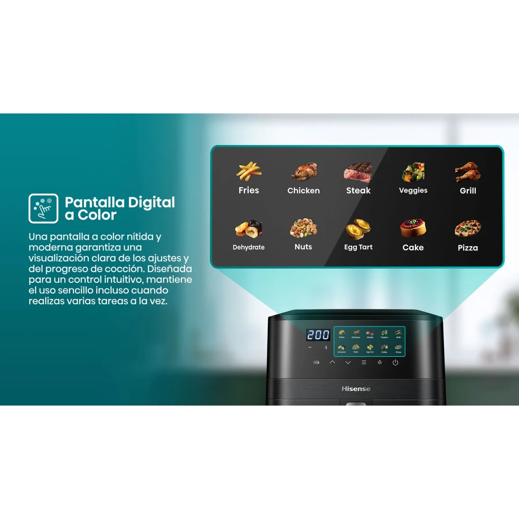 Hisense HAF2100DCD 7,7L 2100W preto, vista frontal: painel tátil digital a 200°C e janela com frango a cozinhar - Item11