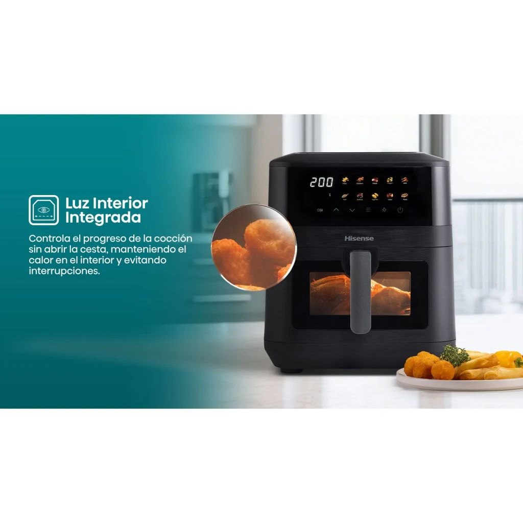 Hisense HAF2100DCD 7,7L 2100W preto, vista frontal: painel tátil digital a 200°C e janela com frango a cozinhar - Item13