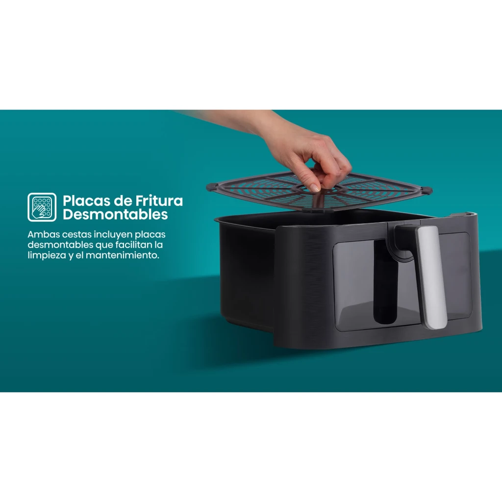 Hisense HAF2100DCD 7,7L 2100W preto, vista frontal: painel tátil digital a 200°C e janela com frango a cozinhar - Item14
