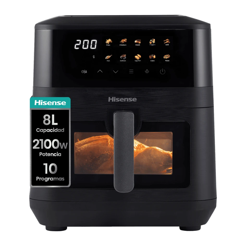 Hisense HAF2100DCD 7,7L 2100W preto, vista frontal: painel tátil digital a 200°C e janela com frango a cozinhar - Item15