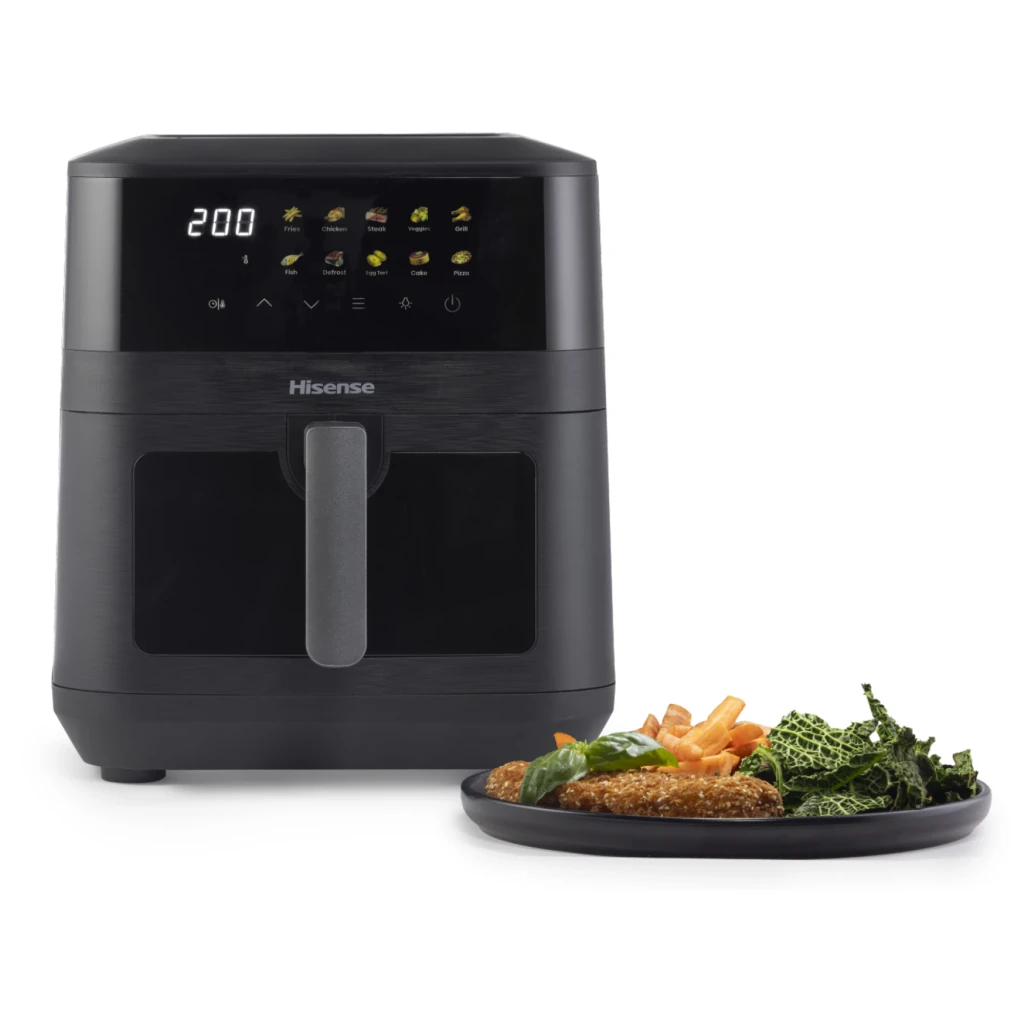 Hisense HAF2100DCD 7,7L 2100W preto, vista frontal: painel tátil digital a 200°C e janela com frango a cozinhar - Item1
