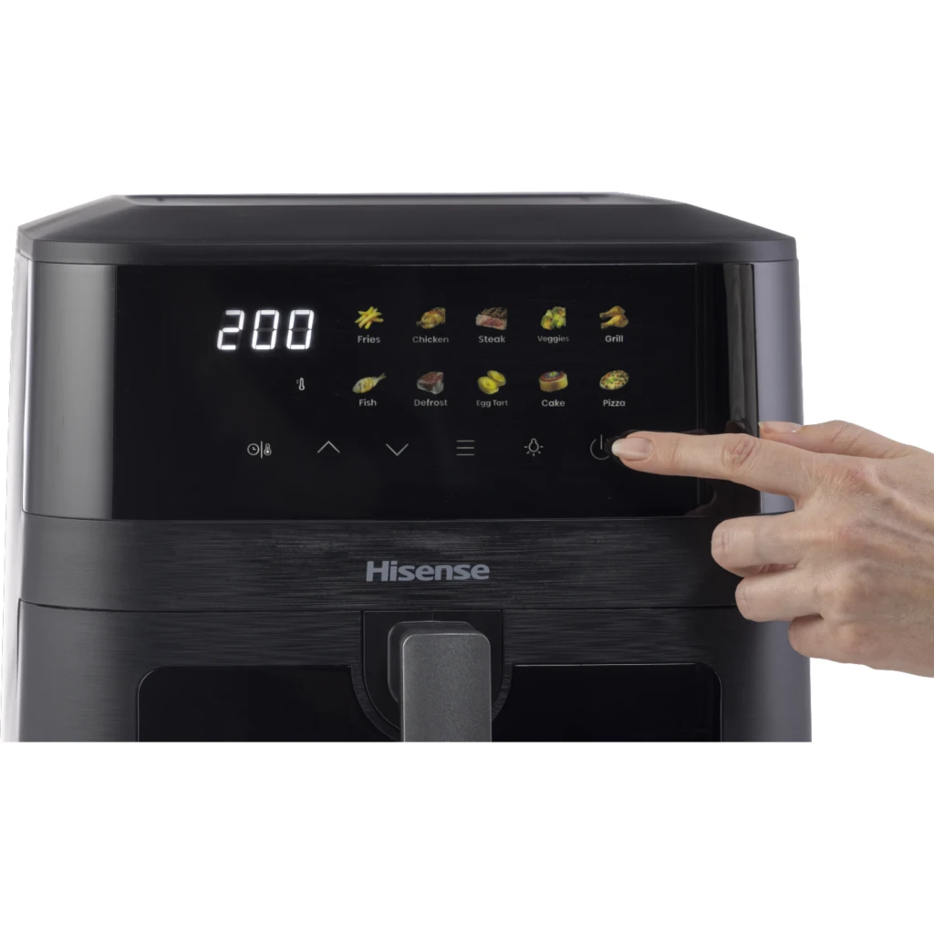Hisense HAF2100DCD 7,7L 2100W preto, vista frontal: painel tátil digital a 200°C e janela com frango a cozinhar - Item5
