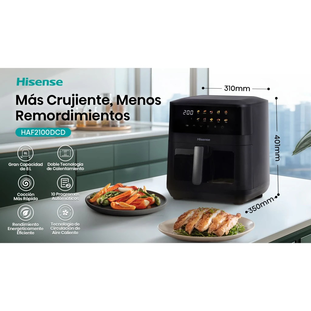 Hisense HAF2100DCD 7,7L 2100W preto, vista frontal: painel tátil digital a 200°C e janela com frango a cozinhar - Item6