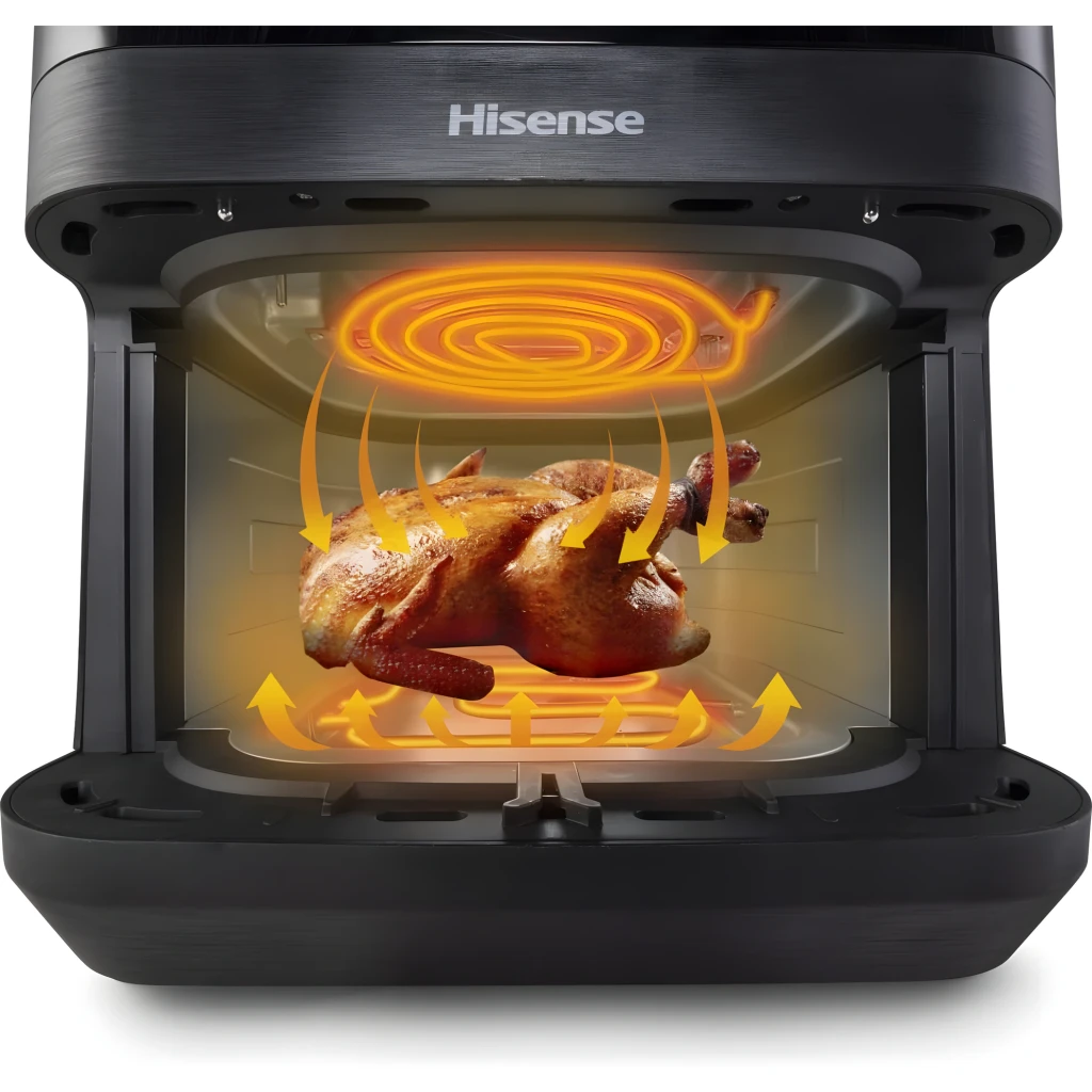 Hisense HAF2100DCD 7,7L 2100W preto, vista frontal: painel tátil digital a 200°C e janela com frango a cozinhar - Item7