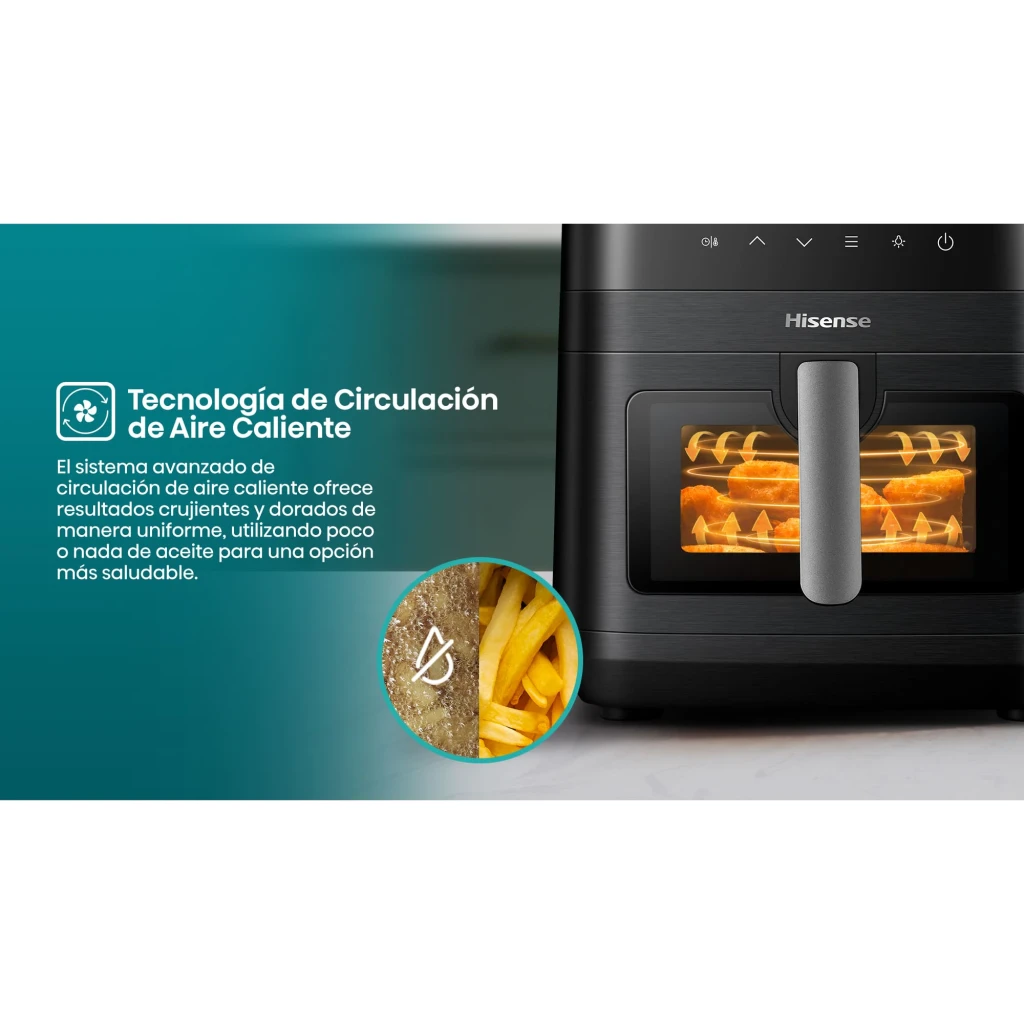 Hisense HAF2100DCD 7,7L 2100W preto, vista frontal: painel tátil digital a 200°C e janela com frango a cozinhar - Item8
