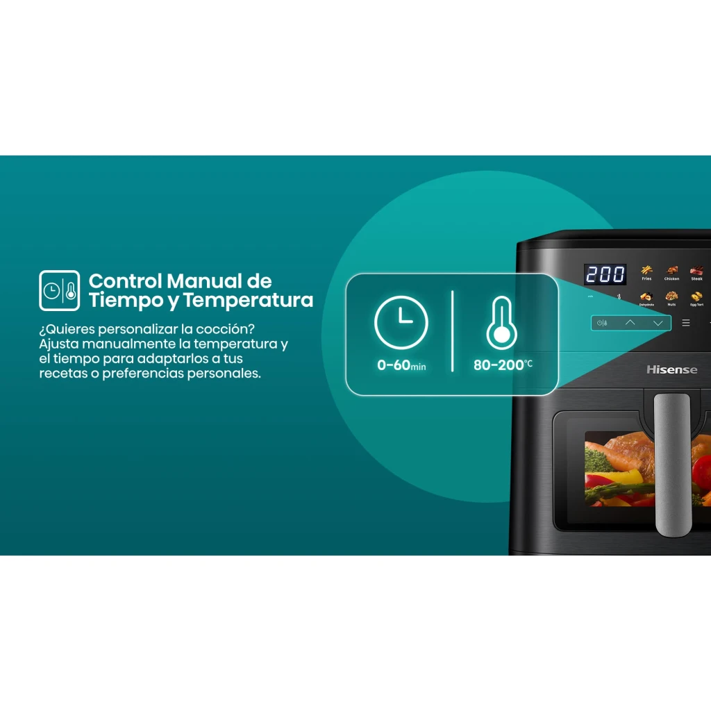 Hisense HAF2100DCD 7,7L 2100W preto, vista frontal: painel tátil digital a 200°C e janela com frango a cozinhar - Item9