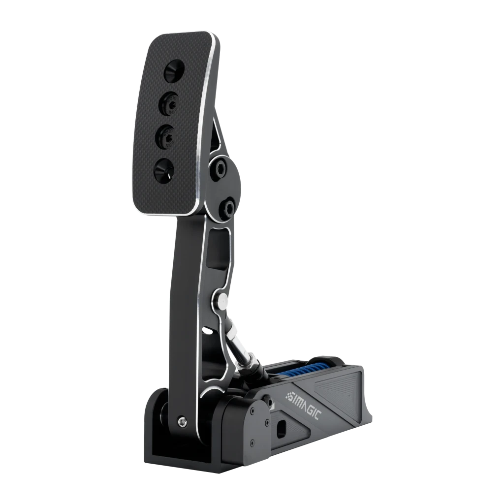 Simagic Pédale d'embrayage P1000, vue latérale: bras articulé en aluminium, plateforme noire avec vis et base avec détail - Ítem1