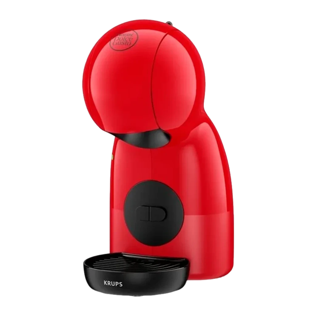 Krups Piccolo XS KP1A35 Dolce Gusto rouge noir, vue de face: machine avec verre de latte macchiato sur plateau noir - Ítem1