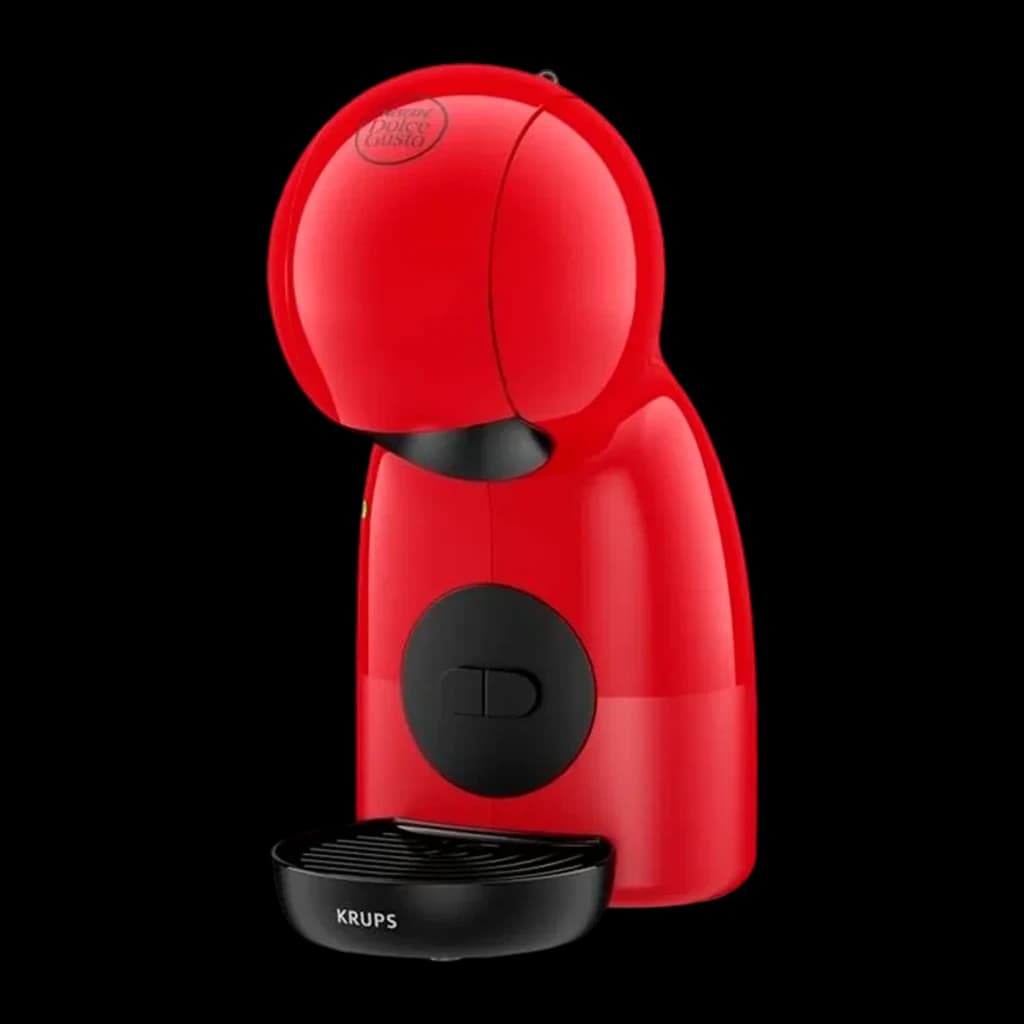 Krups Piccolo XS KP1A35 Dolce Gusto rouge noir, vue latérale: profil avec bouton central noir et socle noir sans tasse