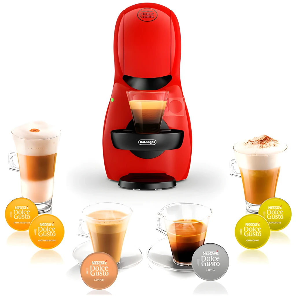 Krups Piccolo XS KP1A35 Dolce Gusto rouge noir, vue de face: machine avec verre de latte macchiato sur plateau noir - Ítem2
