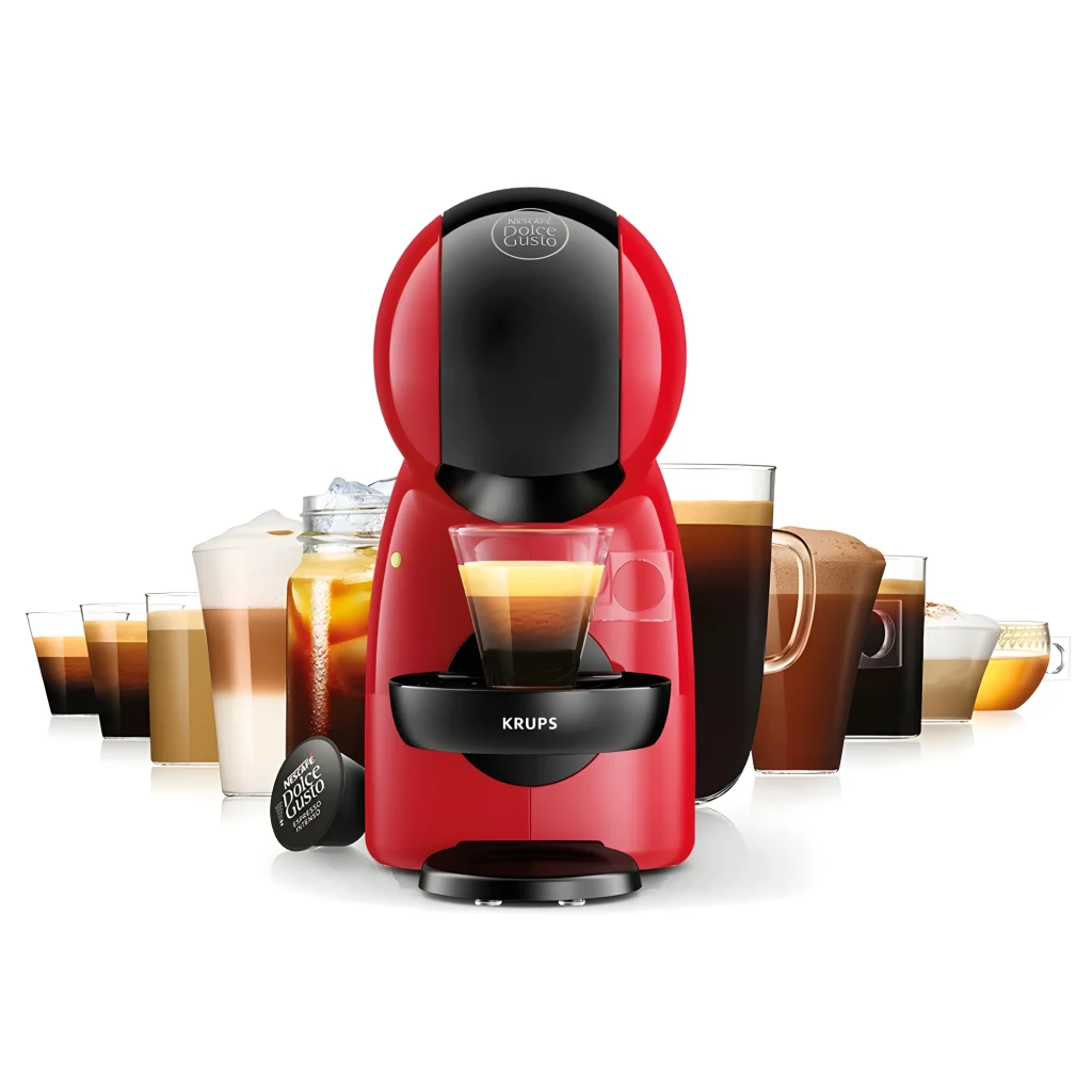 Krups Piccolo XS KP1A35 Dolce Gusto rouge noir, vue de face: machine avec verre de latte macchiato sur plateau noir - Ítem3